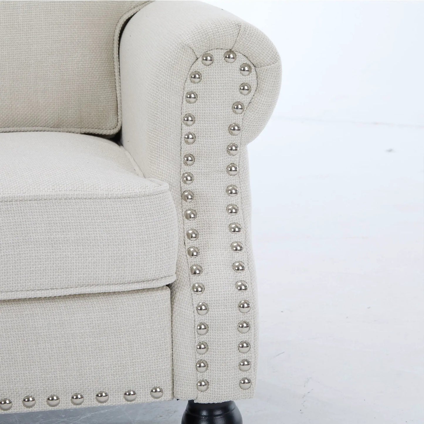 Rolled arm sofa with nailhead trim in beige fabric and wooden legs, Unique Piece Furniture on Tampa Home & Garden Store