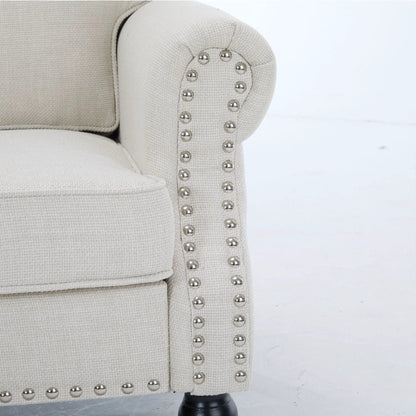 Rolled arm sofa with nailhead trim in beige fabric and wooden legs, Unique Piece Furniture on Tampa Home & Garden Store