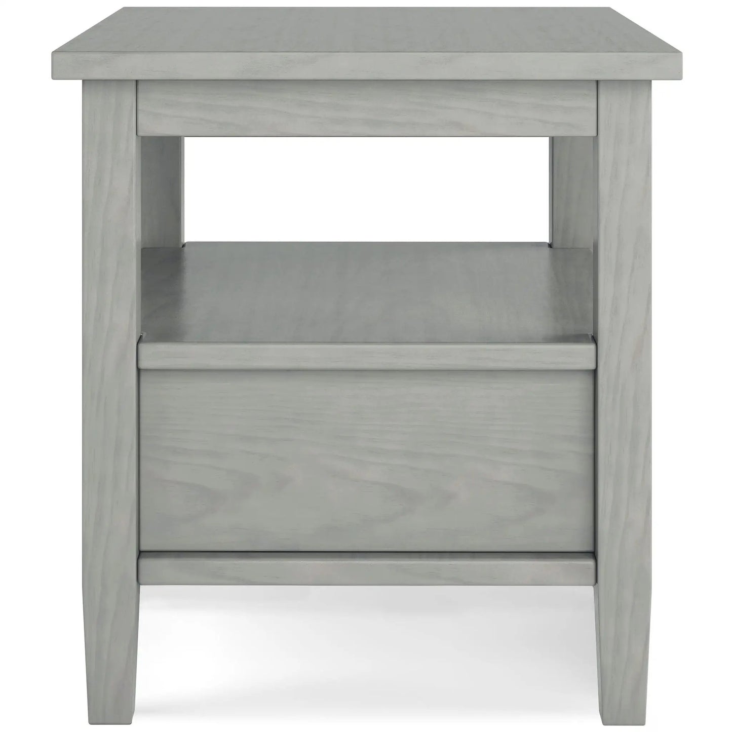Warm Shaker coffee table in light gray washed wood with a shallow front drawer and square legs on Tampa Home & Garden Store