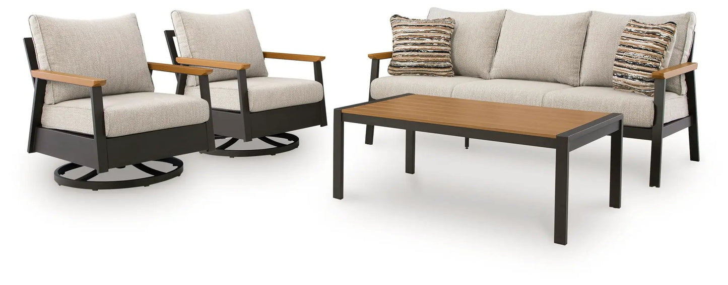 Carmel Highlands 4-piece outdoor set with sofa, 2 swivel chairs, coffee table in dark brown on Tampa Home & Garden Store