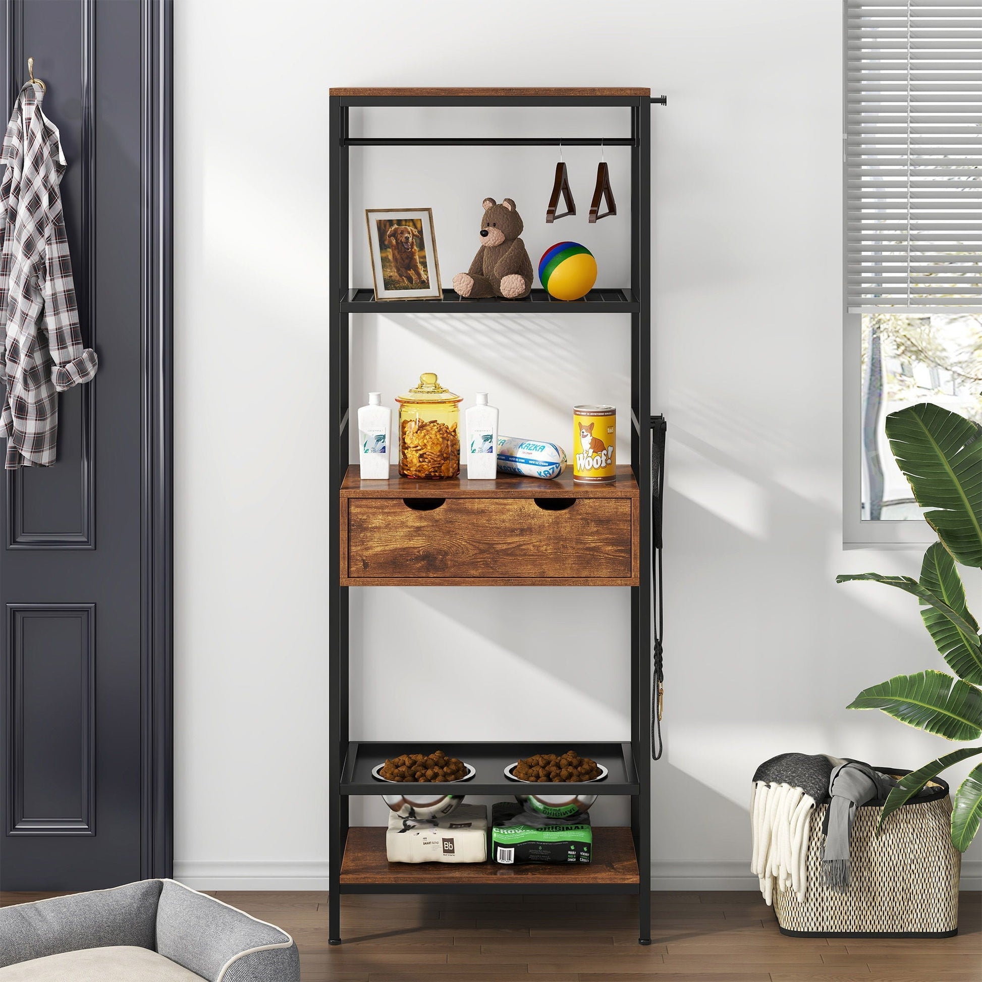 Dog feeding station etagere3-height bowls, black metal frame and dark wood shelves on Tampa Home & Garden Store