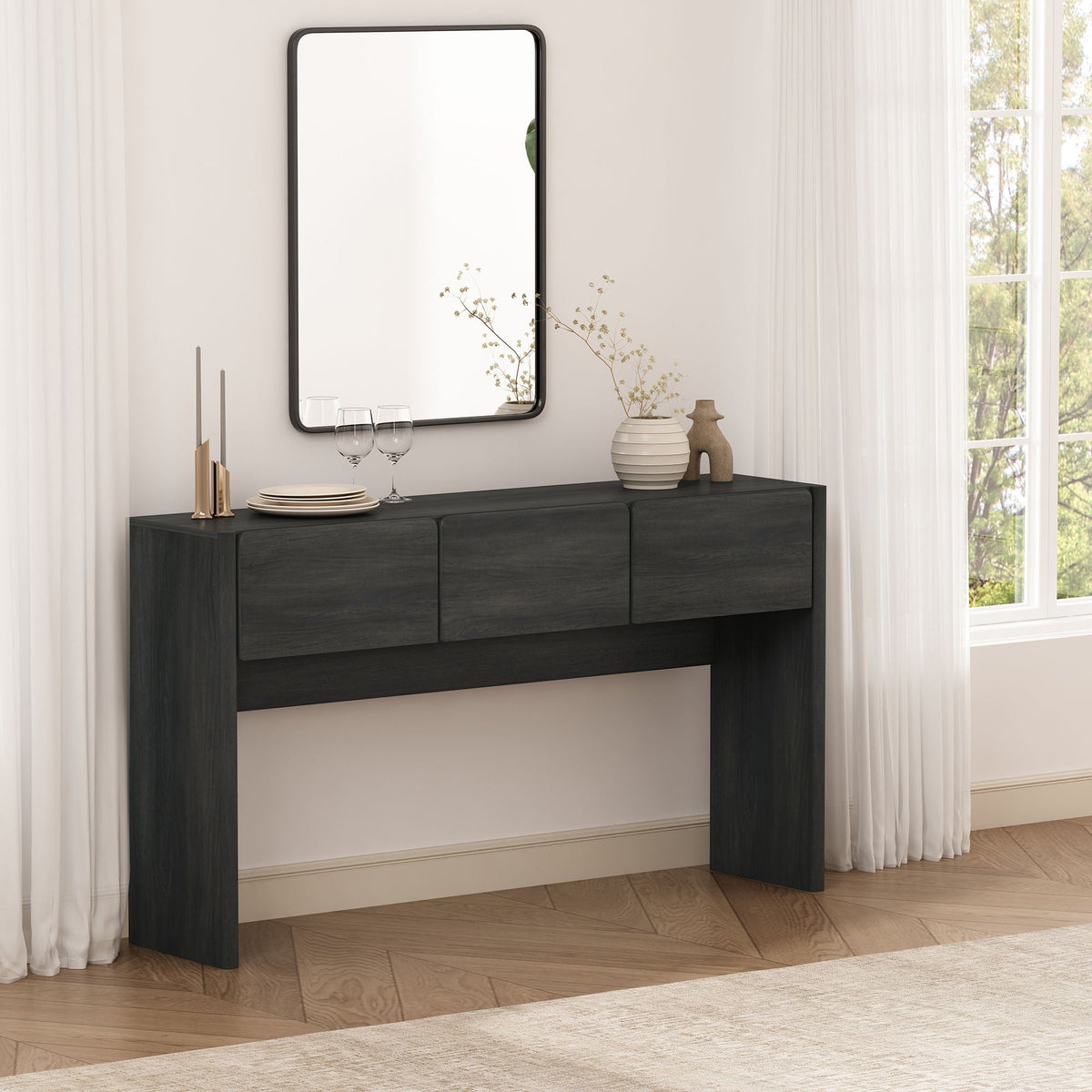 Linda Console Table with Three-Drawer Storage in dark gray wood with a black-framed mirror above on Tampa Home & Garden Store