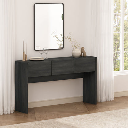 Linda Console Table with Three-Drawer Storage in dark gray wood with a black-framed mirror above on Tampa Home & Garden Store