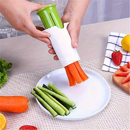 Versatile manual vegetable chopper by UpTrend Deals, green top with white sleeve slicing carrot sticks onto plate on Tampa Home & Garden Store