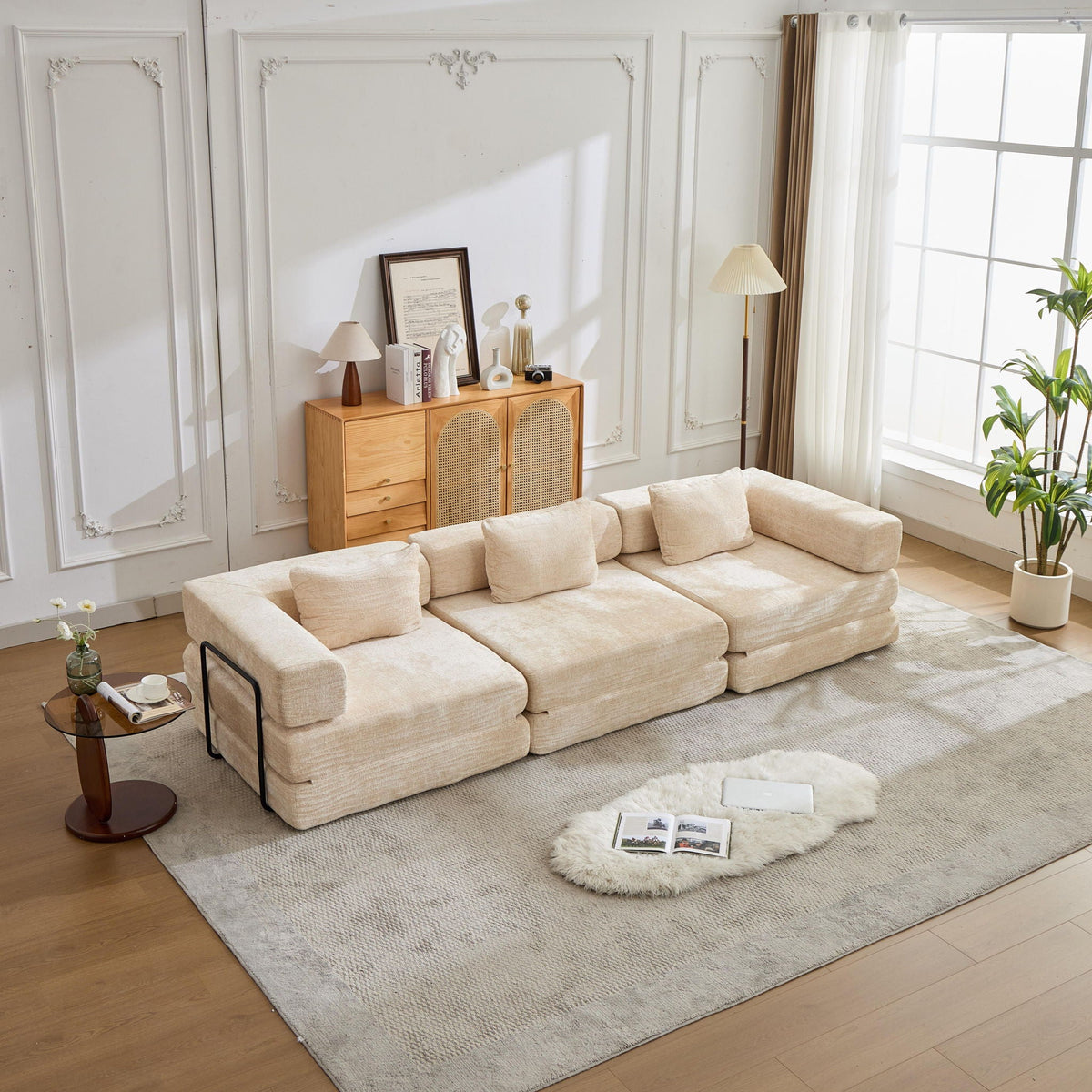 Convertible Floor Sofa Bed boneless modular sectional sofa in beige fabric for living room on Tampa Home & Garden Store
