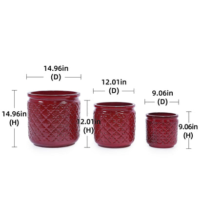 Bean paste red ceramic flowerpots with diamond pattern set of 3 planters on Tampa Home & Garden Store