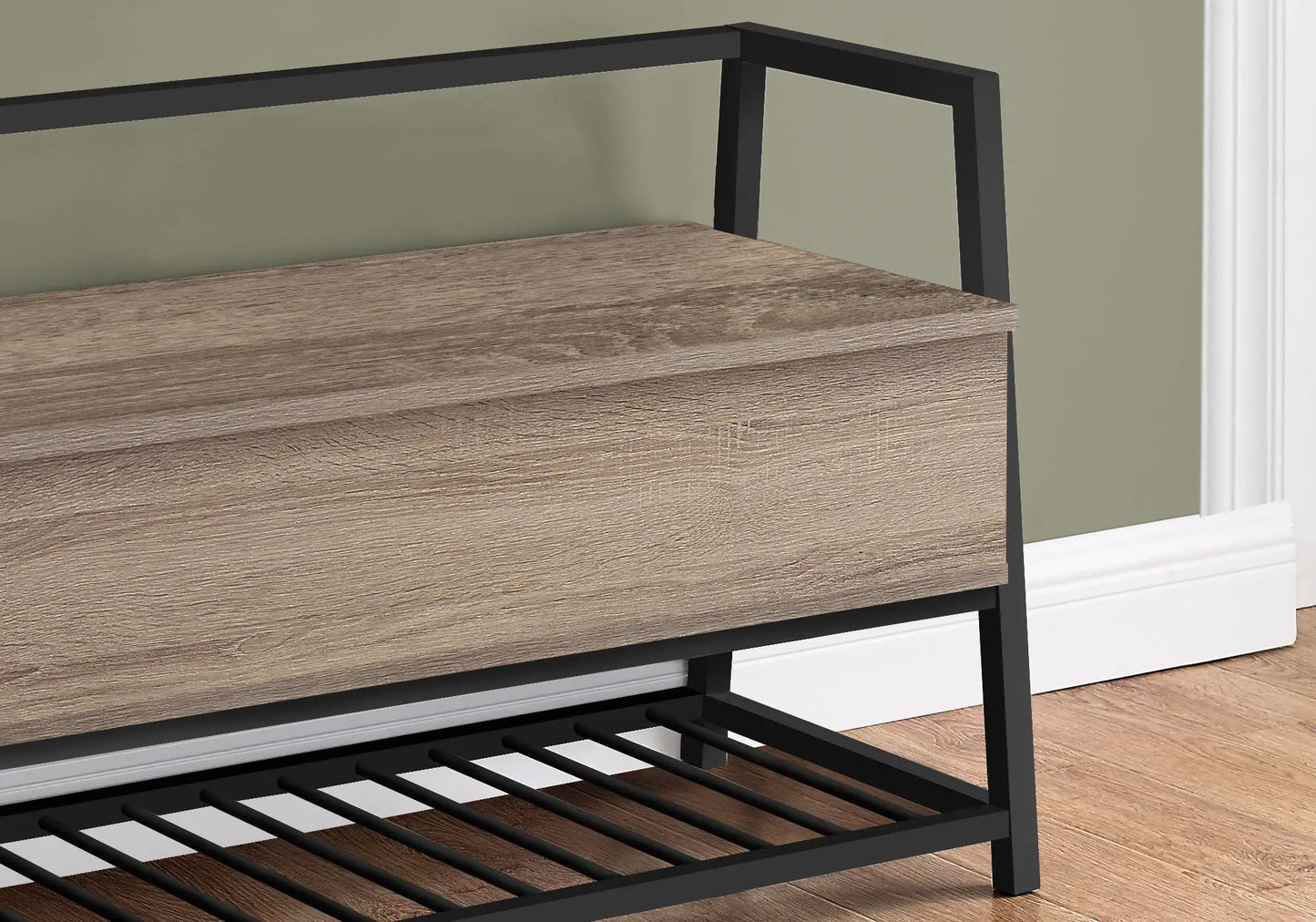 Rectangular storage bench with oak front and black metal frame by Unique Piece Furniture on Tampa Home & Garden Store