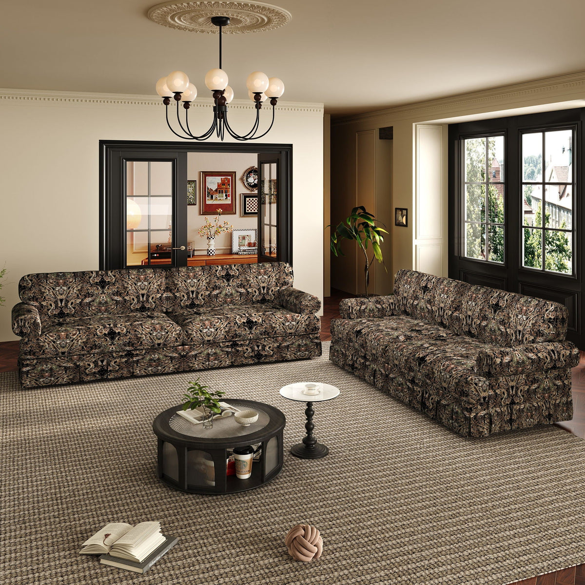 Comfortable Cloud sofa with rolled arms and skirt in brown brocade upholstery in a living room on Tampa Home & Garden Store
