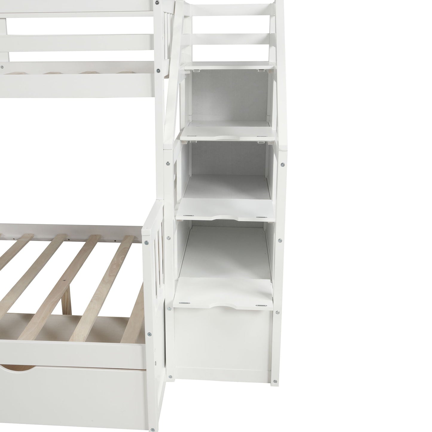 White bunk bed with storage staircase, drawers and open shelves, compact desk area beneath on Tampa Home & Garden Store