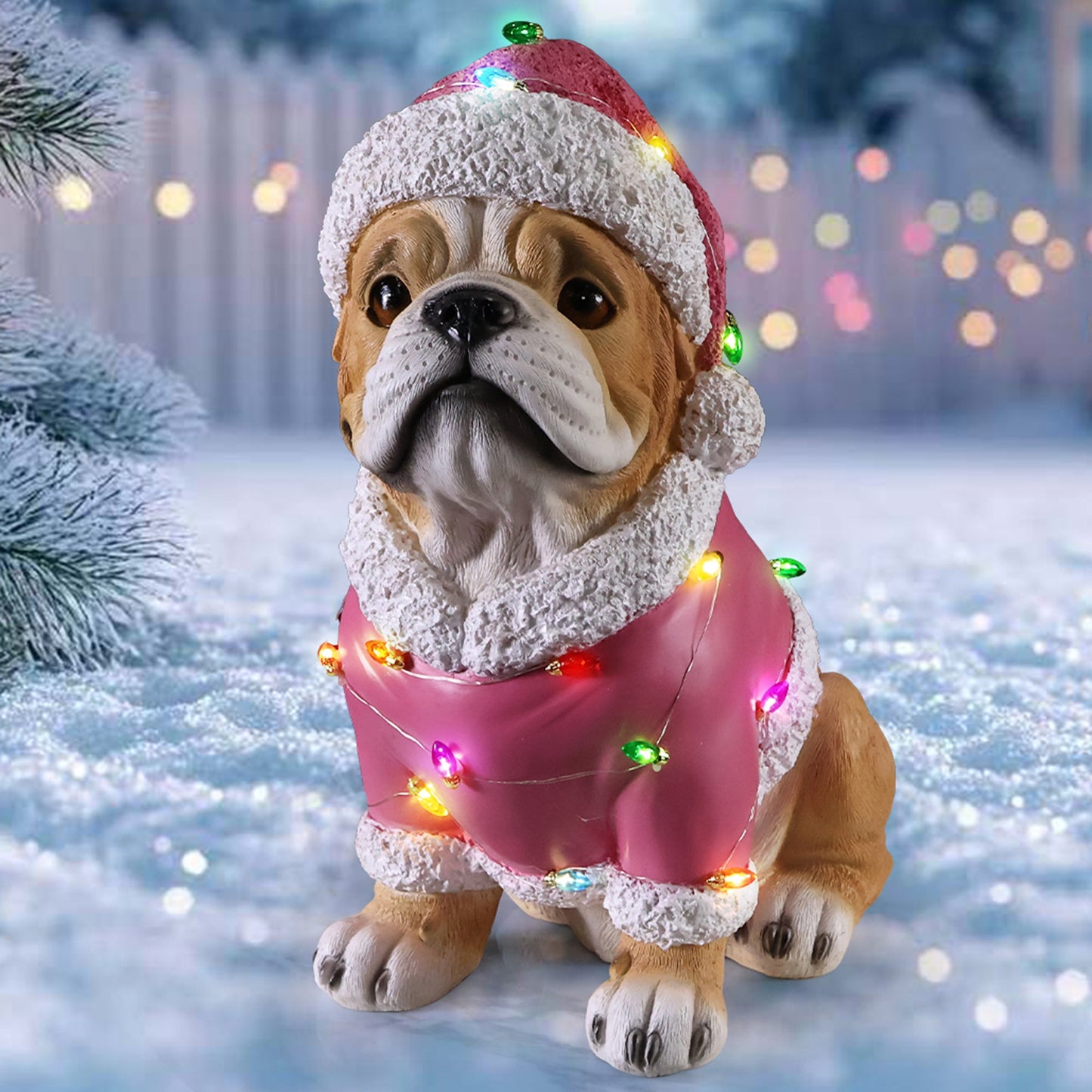 Christmas Pug Statue in pink coat with Santa hat and multicolored lights HouseOfZazla on Tampa Home & Garden Store
