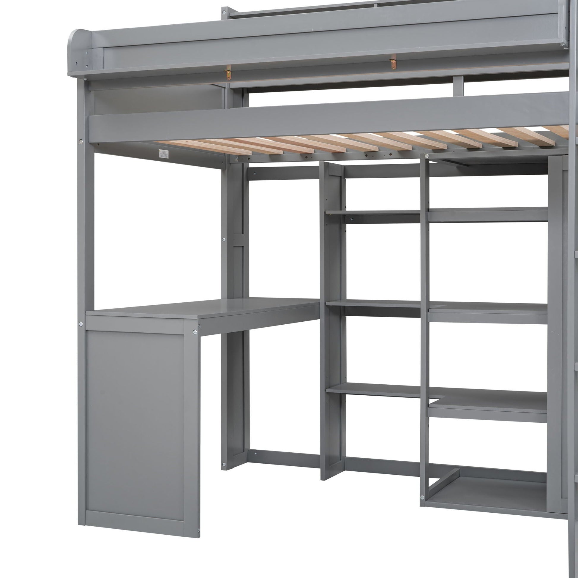 Loft bed with built-in desk, wardrobe module, and storage shelves in gray metal by HouseOfZazla on Tampa Home & Garden Store