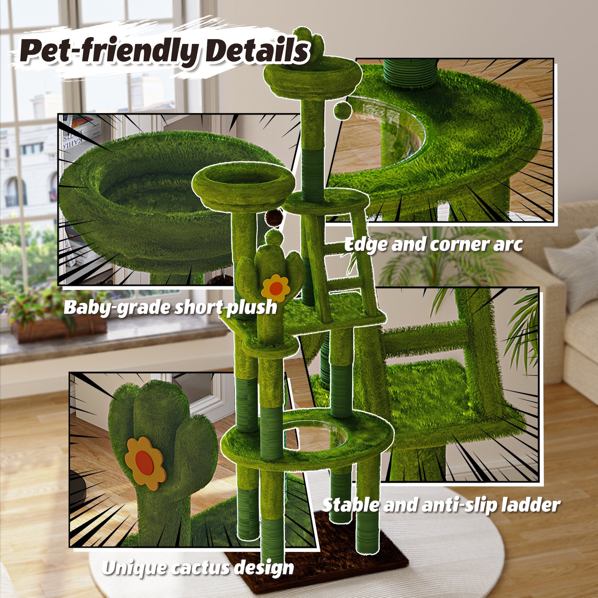 72in cactus cat tree by HouseOfZazla — tall indoor cat tower with green plush cactus design on Tampa Home & Garden Store