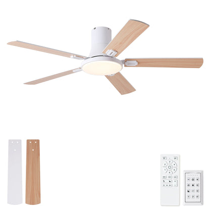 HouseOfZazla flush mount ceiling fan with LED light and remote, white housing, wood blades on Tampa Home & Garden Store