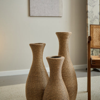 Floor vase set of three beige artificial rattan vases with rope-wrapped texture, modern look on Tampa Home & Garden Store