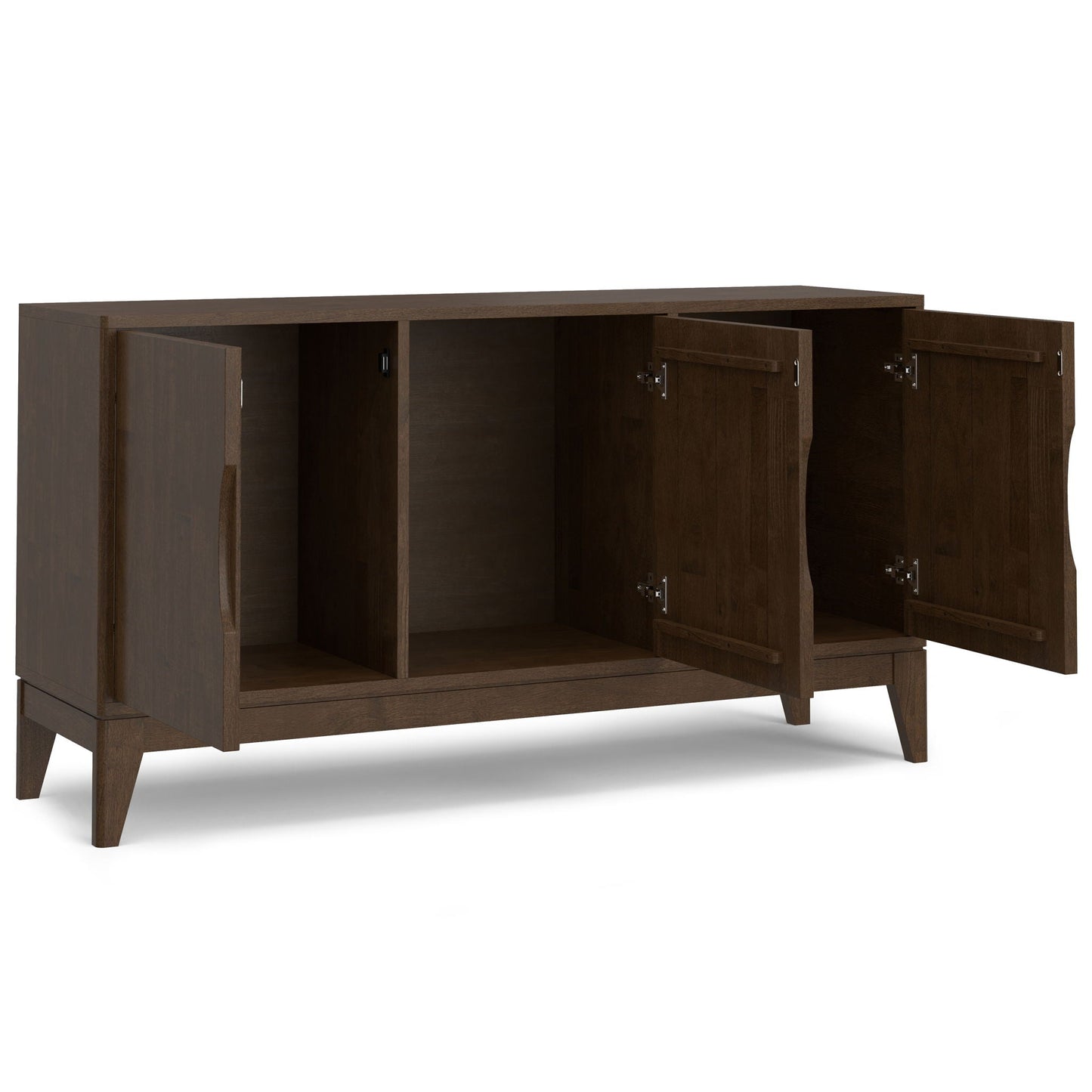 Harper 3-door walnut brown sideboard by HouseOfZazla with open interior compartments on Tampa Home & Garden Store