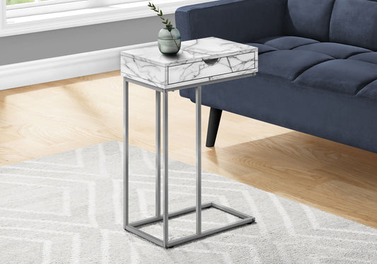 C-shaped accent table with marble-pattern top and drawer, metal frame, Unique Piece Furniture on Tampa Home & Garden Store