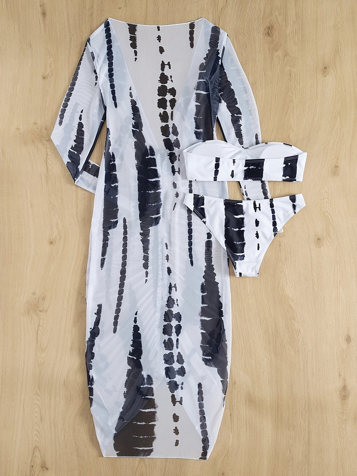 Horizon Haze 3-Piece tie-dye bandeau bikini set with cover-up dress in monochrome print on Tampa Home & Garden Store
