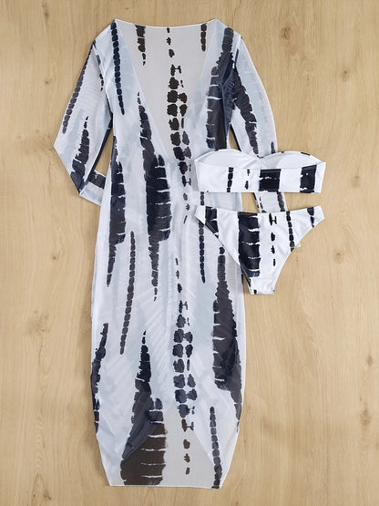 Horizon Haze 3-Piece tie-dye bandeau bikini set with cover-up dress in monochrome print on Tampa Home & Garden Store