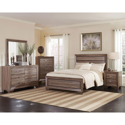 HouseOfZazla Oatfield panel bed in dark wood with matching dressers and nightstands in a beige bedroom on Tampa Home & Garden Store