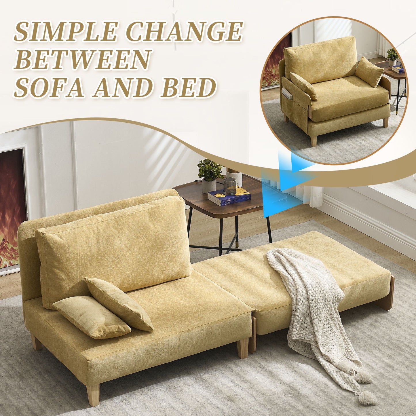 Mid Century Modern 3 Pillow Foldable Sofa Bed