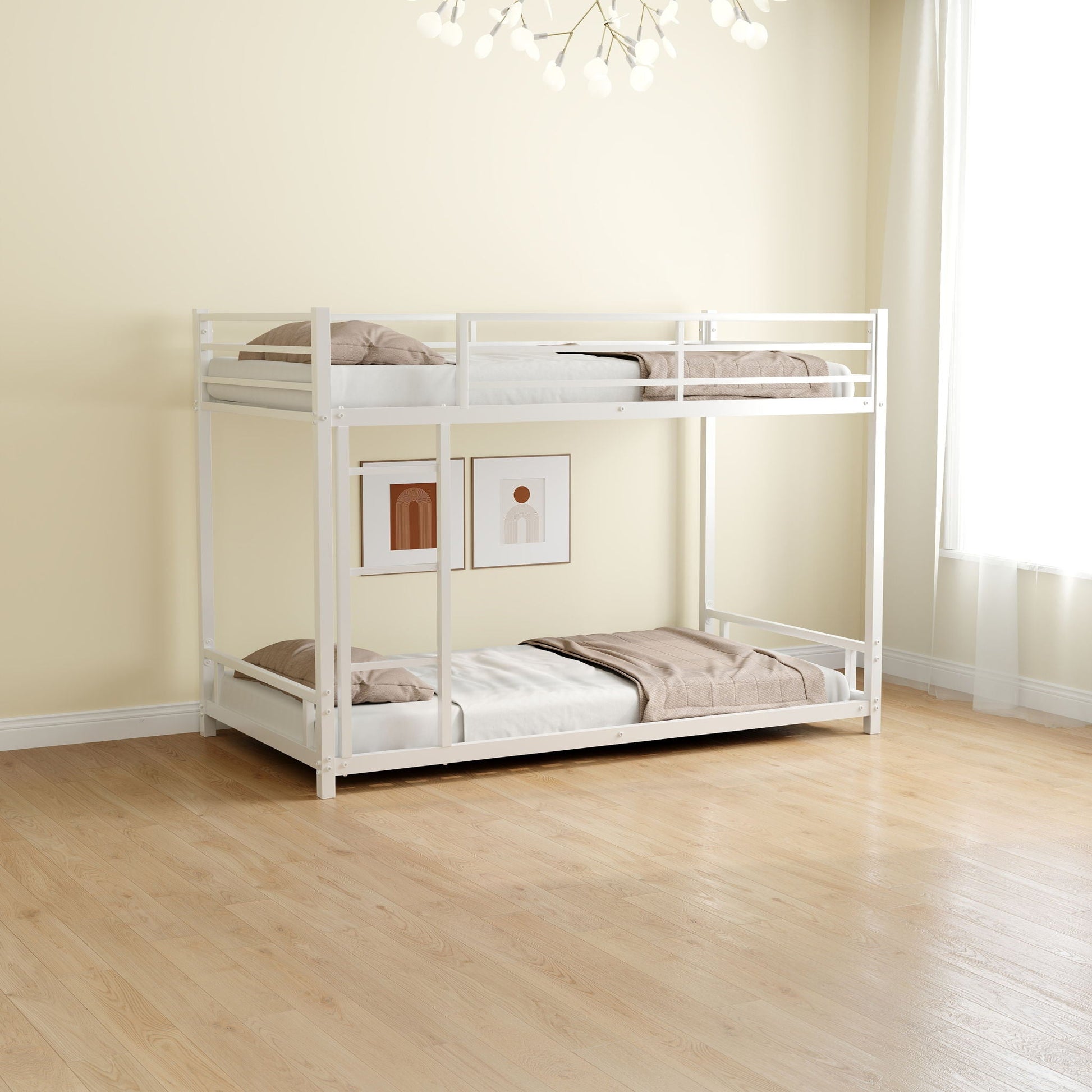 HouseOfZazla white metal bunk bed with safety guardrails and beige bedding in a bright room on Tampa Home & Garden Store