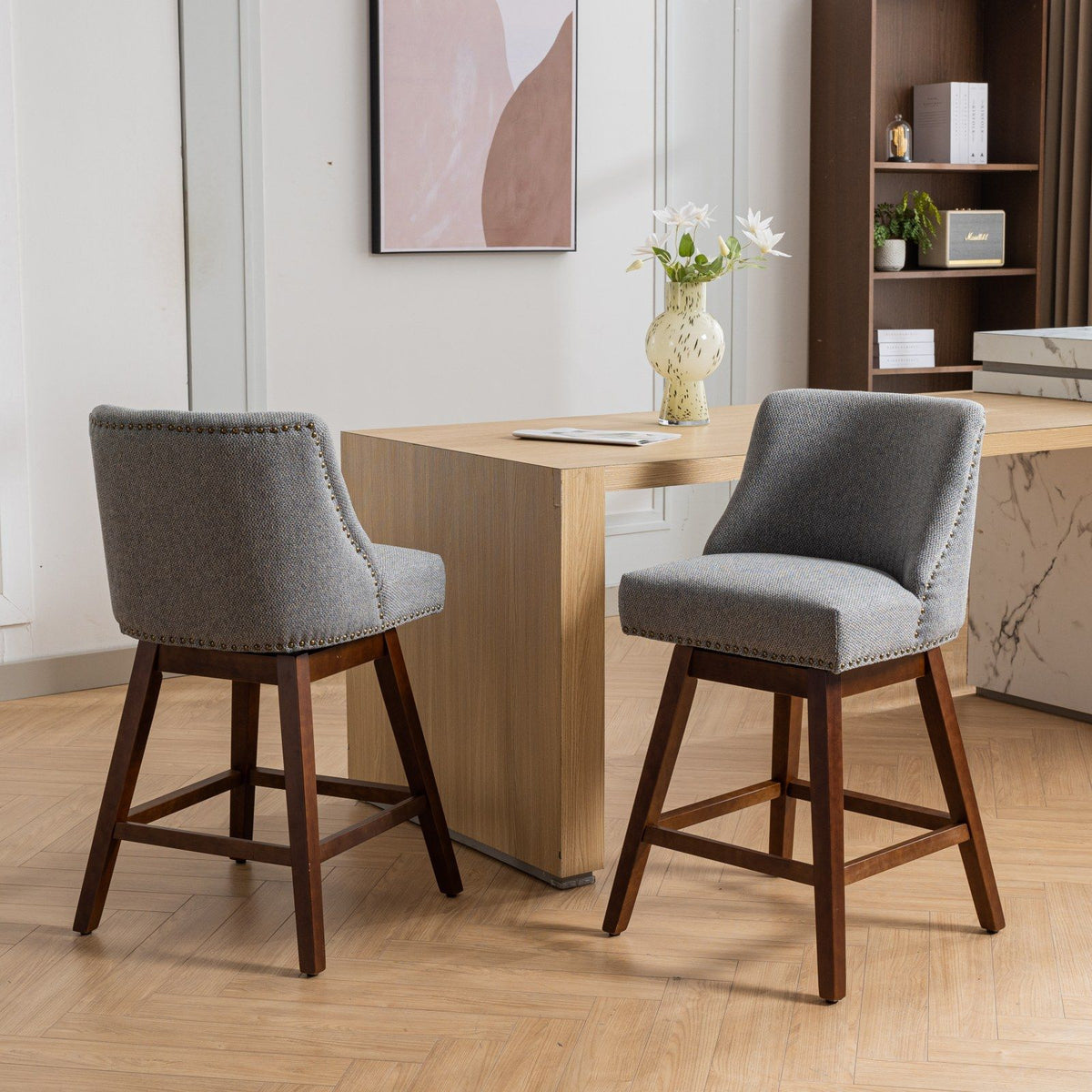 Counter height swivel barstools set of 2, gray upholstery and dark wood legs on Tampa Home & Garden Store