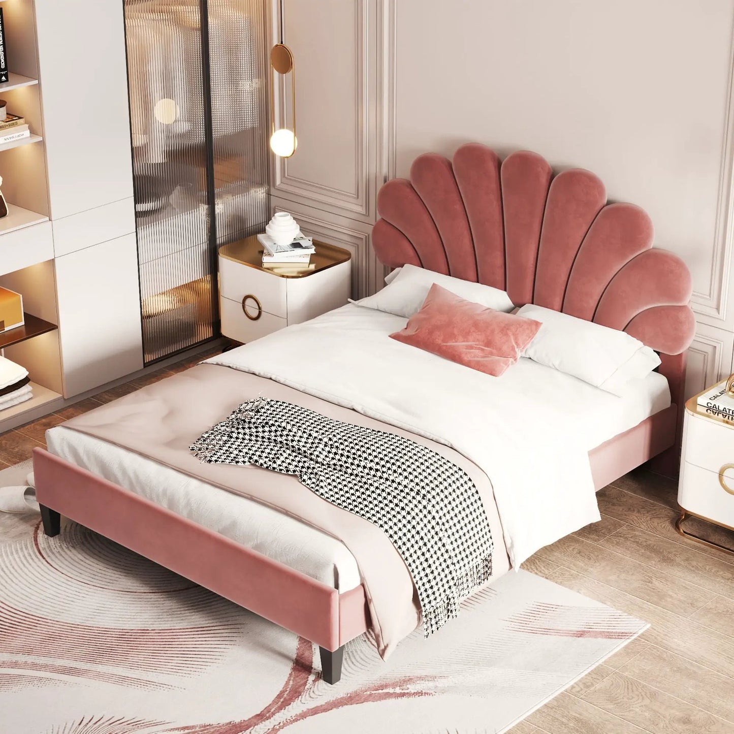Upholstered platform bed pink flower headboard blush velvet white bedding Unique Piece Furniture on Tampa Home & Garden Store