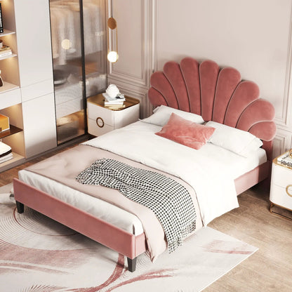 Upholstered platform bed pink flower headboard blush velvet white bedding Unique Piece Furniture on Tampa Home & Garden Store