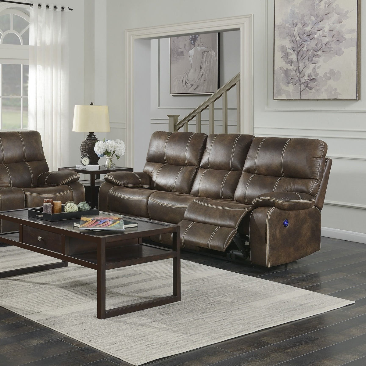 Reclining Sofa With USB Charging, Pocket Coil Seating, And Hidden Storage - Brown leather on Tampa Home & Garden Store