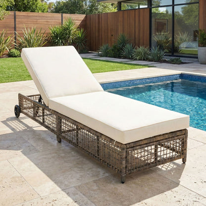 Outdoor lounge chair with 5-position backrest, white cushion, wheeled wicker base poolside on Tampa Home & Garden Store