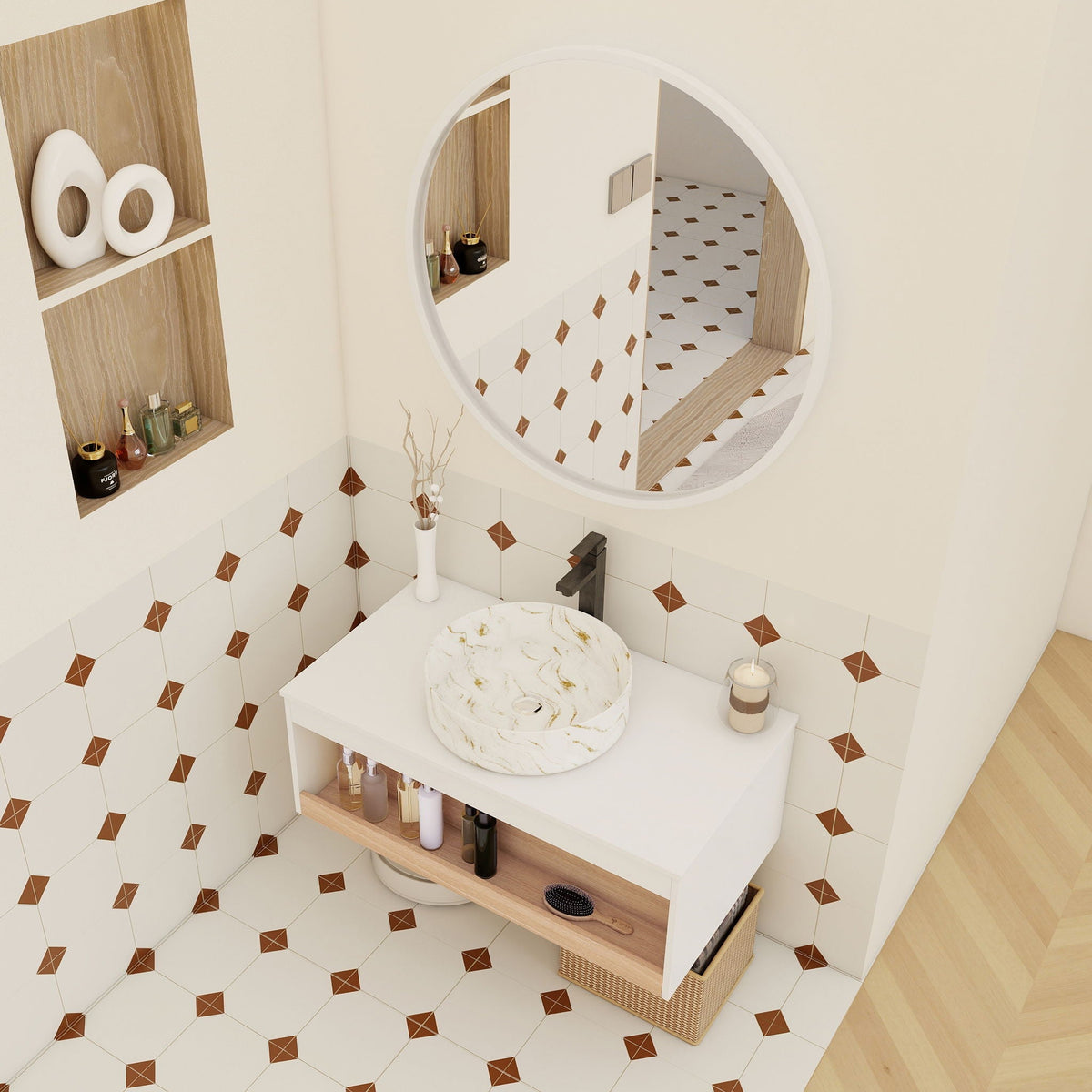 Floating Bathroom Vanity With Vessel Sink in white, marble countertop, wood shelf on Tampa Home & Garden Store