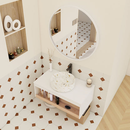 Floating Bathroom Vanity With Vessel Sink in white, marble countertop, wood shelf on Tampa Home & Garden Store