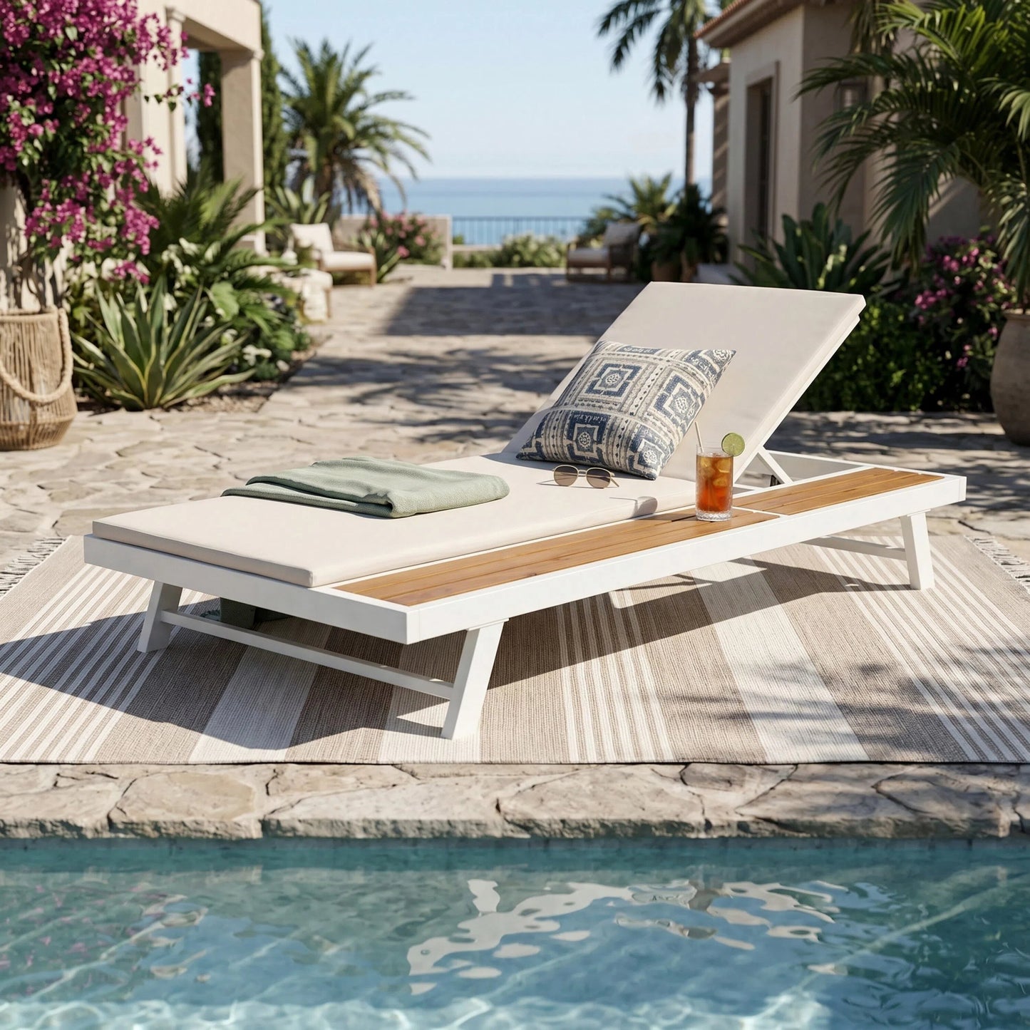 White Iron and Teak Finish Outdoor Lounge Set