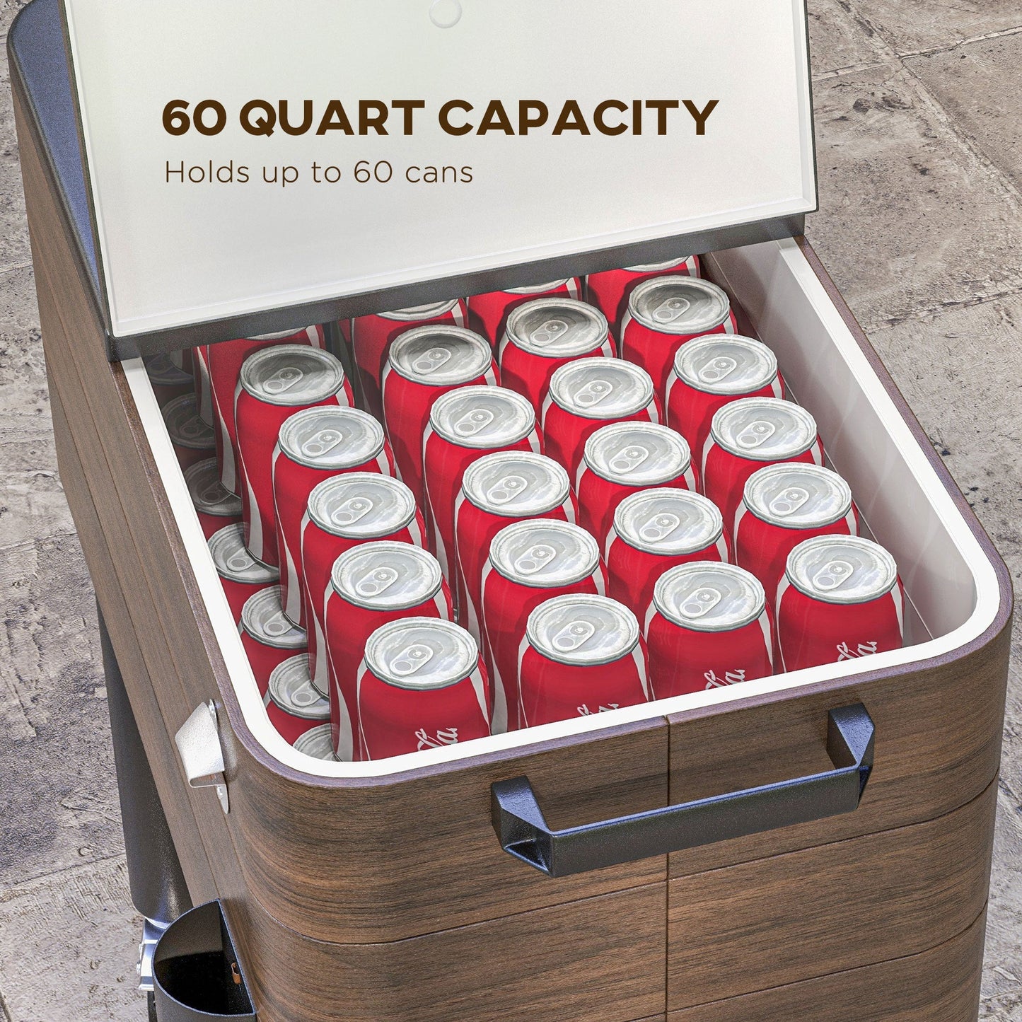 Outsunny outdoor cooler cart 60-quart capacity with Coca-Cola cans brown wood finish on Tampa Home & Garden Store