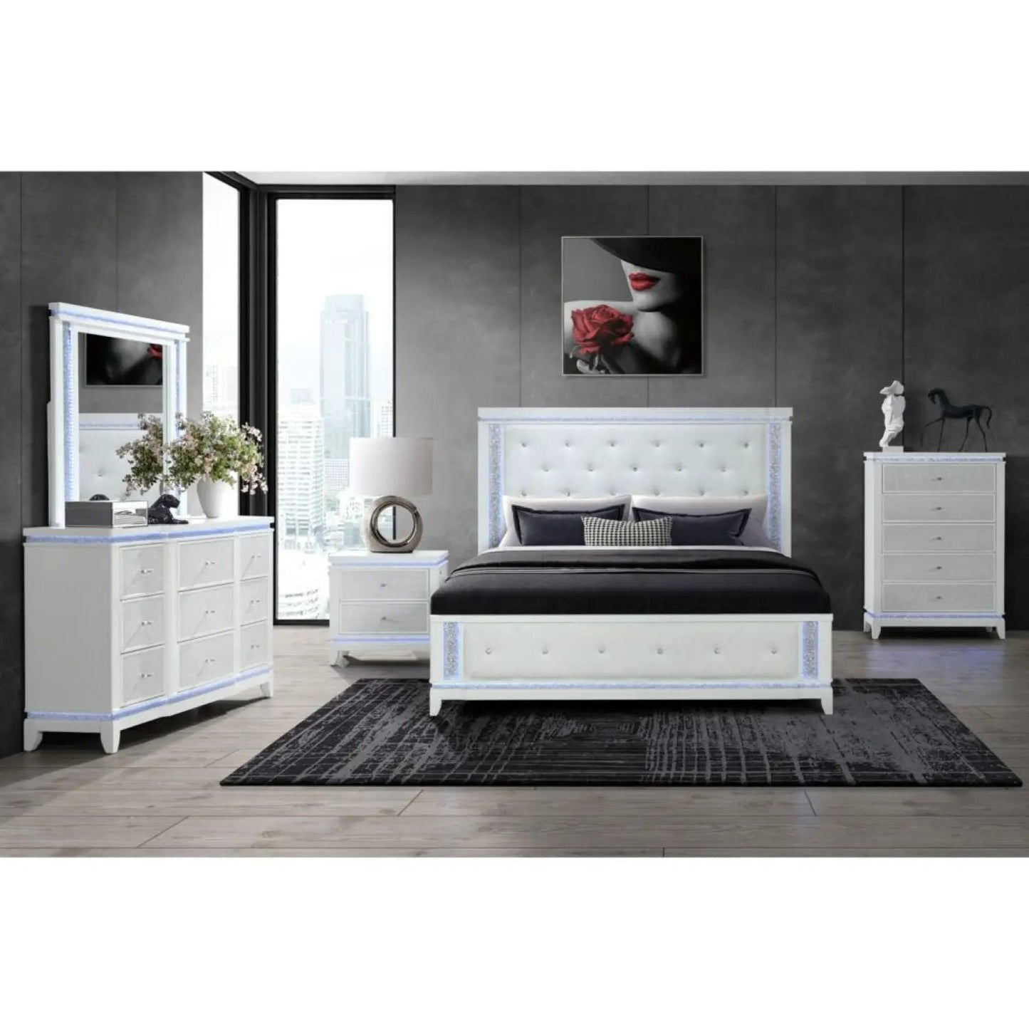 Adalid white square mirror with LED lighting and glitter detailing; Unique Piece Furniture bedroom set on Tampa Home & Garden Store