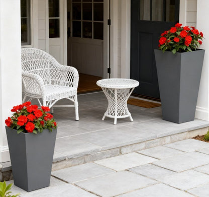 HouseOfZazla 2-Pack durable stackable gray planters with red flowers on porch with white wicker on Tampa Home & Garden Store