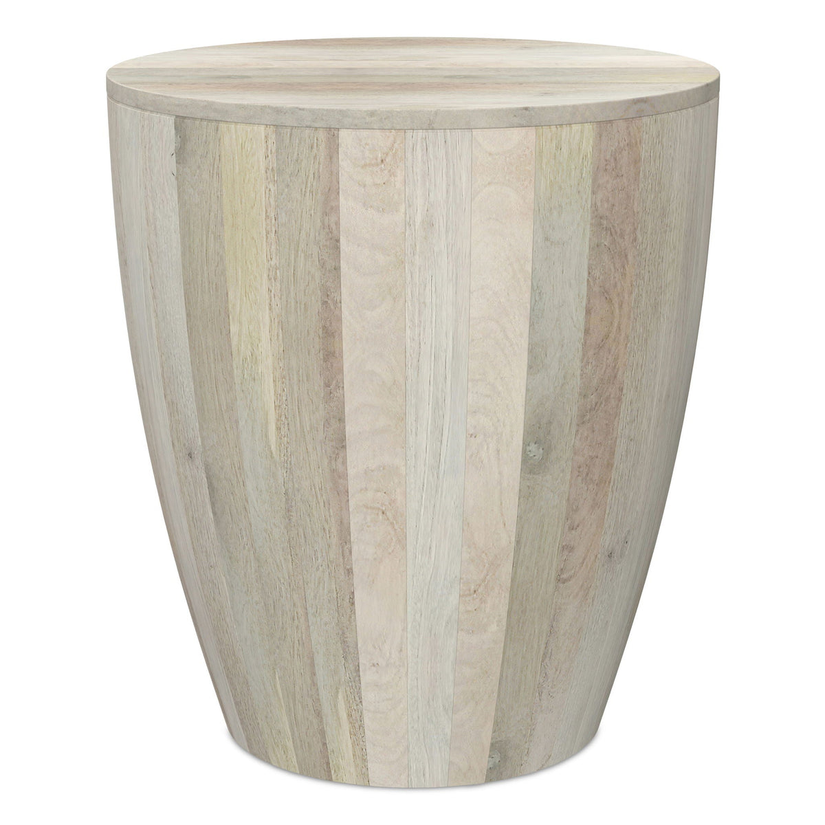 Solid mango wood drum-style side table in natural whitewashed tones by HouseOfZazla on Tampa Home & Garden Store