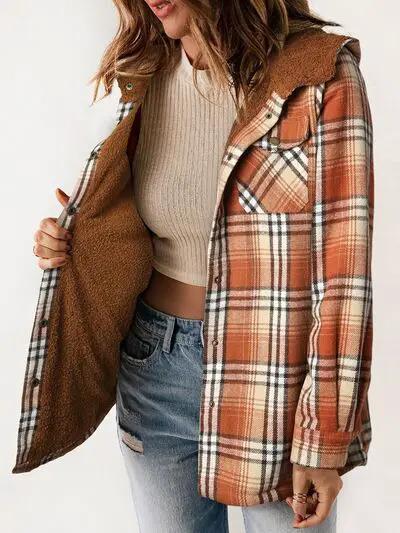 Plaid Snap Down Plush Hooded Jacket Women Warm