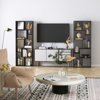 Pair of 5-tier asymmetrical etageres by Unique Piece Furniture flank a media console on Tampa Home & Garden Store