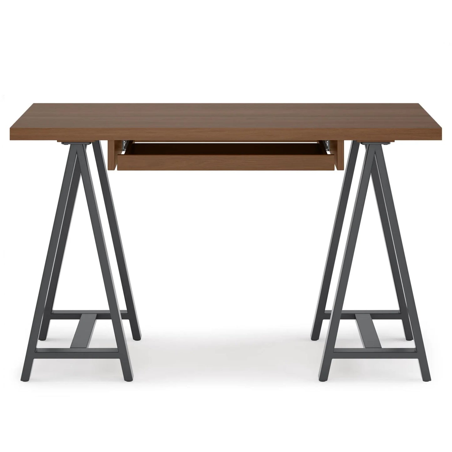 Handcrafted solid wood sawhorse desk with warm brown top and two gray metal legs on Tampa Home & Garden Store