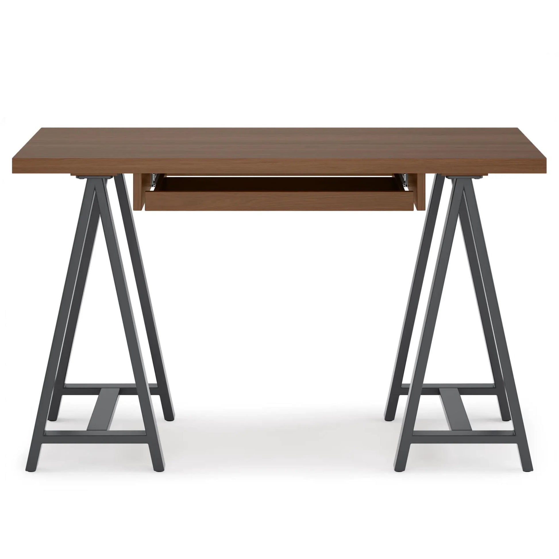 Handcrafted solid wood sawhorse desk with warm brown top and two gray metal legs on Tampa Home & Garden Store