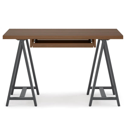 Handcrafted solid wood sawhorse desk with warm brown top and two gray metal legs on Tampa Home & Garden Store