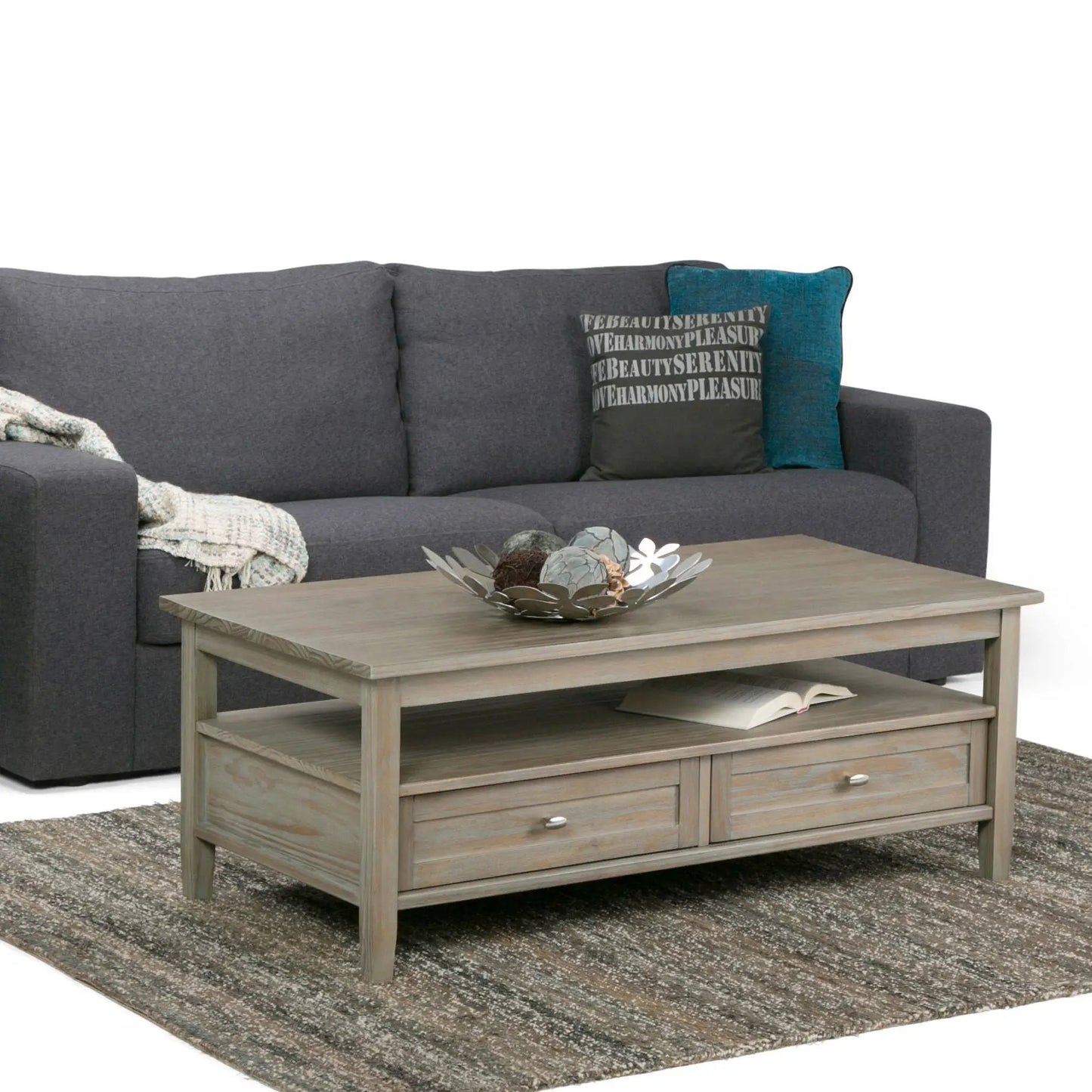 Warm Shaker coffee table in weathered gray wood with two drawers and lower shelf on Tampa Home & Garden Store