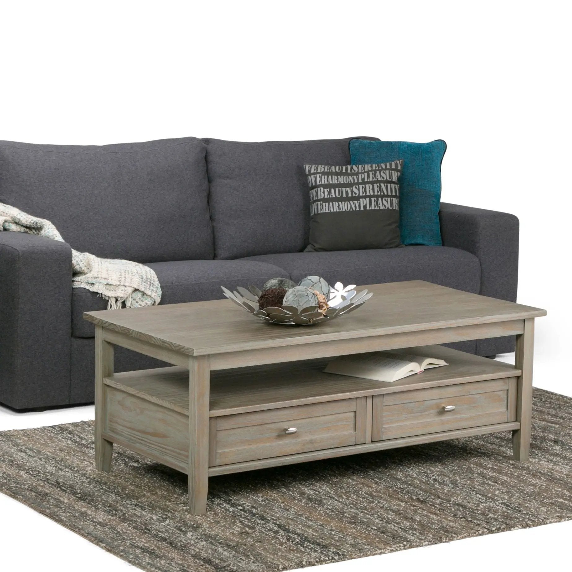 Warm Shaker coffee table in weathered gray wood with two drawers and lower shelf on Tampa Home & Garden Store