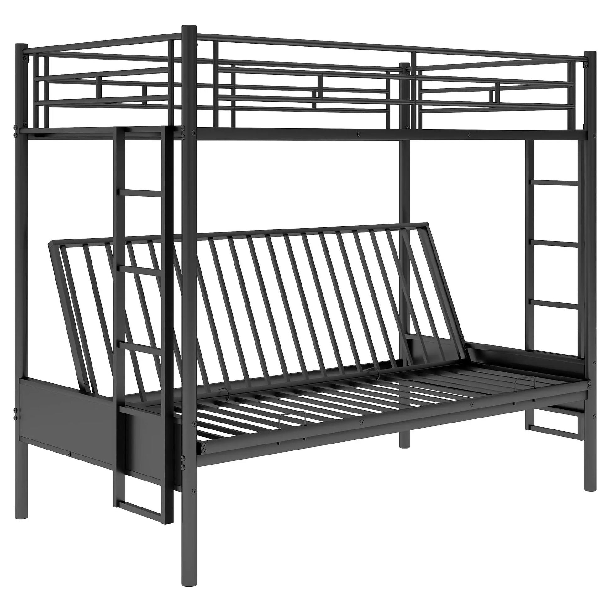 Black metal twin-over-full bunk bed with guard rails, built-in ladder and slatted bases on Tampa Home & Garden Store