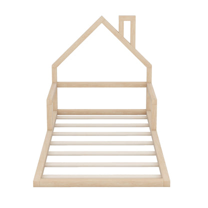 Floor Bed With House Shaped Headboard in natural wood finish, HouseOfZazla platform bed frame on Tampa Home & Garden Store