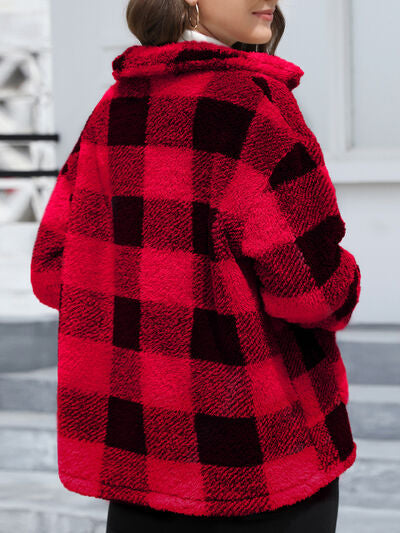 Stevvex red plaid fuzzy button-up women's jacket with drop shoulder, soft casual fit on Tampa Home & Garden Store