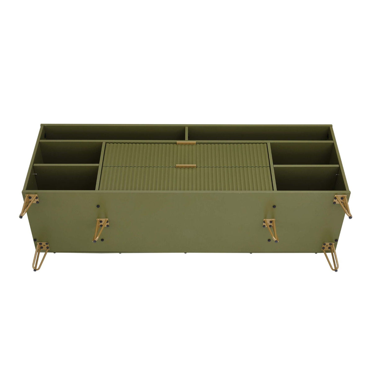 Fluted TV stand with storage in olive green, ribbed central drawers and gold metal legs on Tampa Home & Garden Store