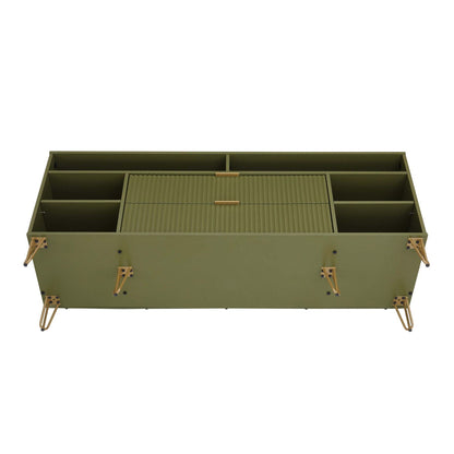 Fluted TV stand with storage in olive green, ribbed central drawers and gold metal legs on Tampa Home & Garden Store