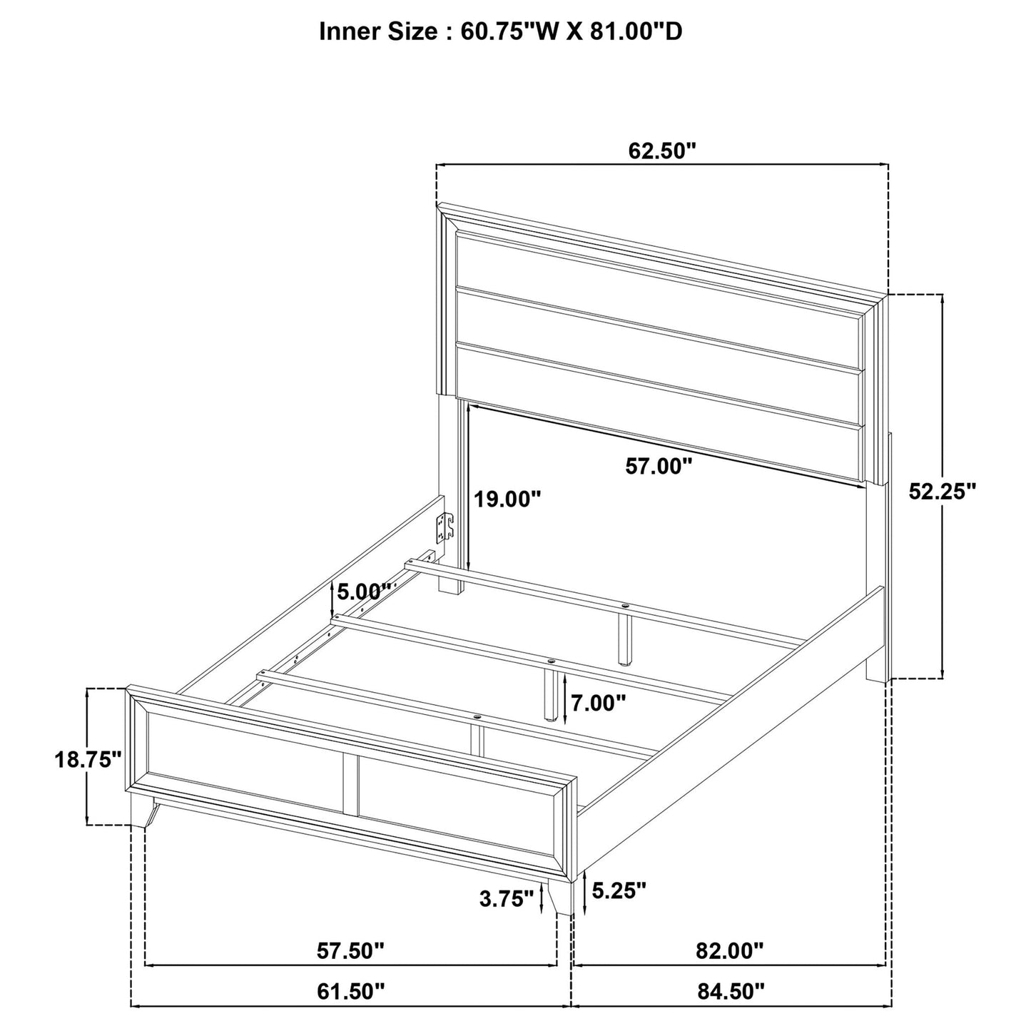 Anza Bed panel bed frame by HouseOfZazla, technical drawing with dimensions on Tampa Home & Garden Store